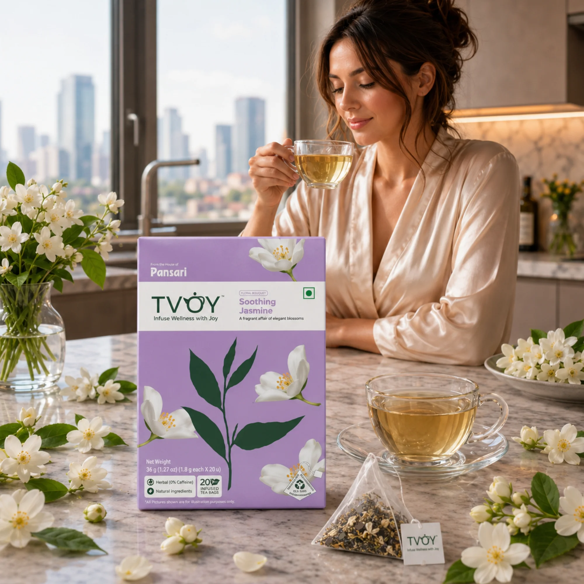 TVOY Jasmine Tea Bags 20 Pyramid Tea Bags | Jasmine Green Tea 12 Tvoy Jasmine Tea