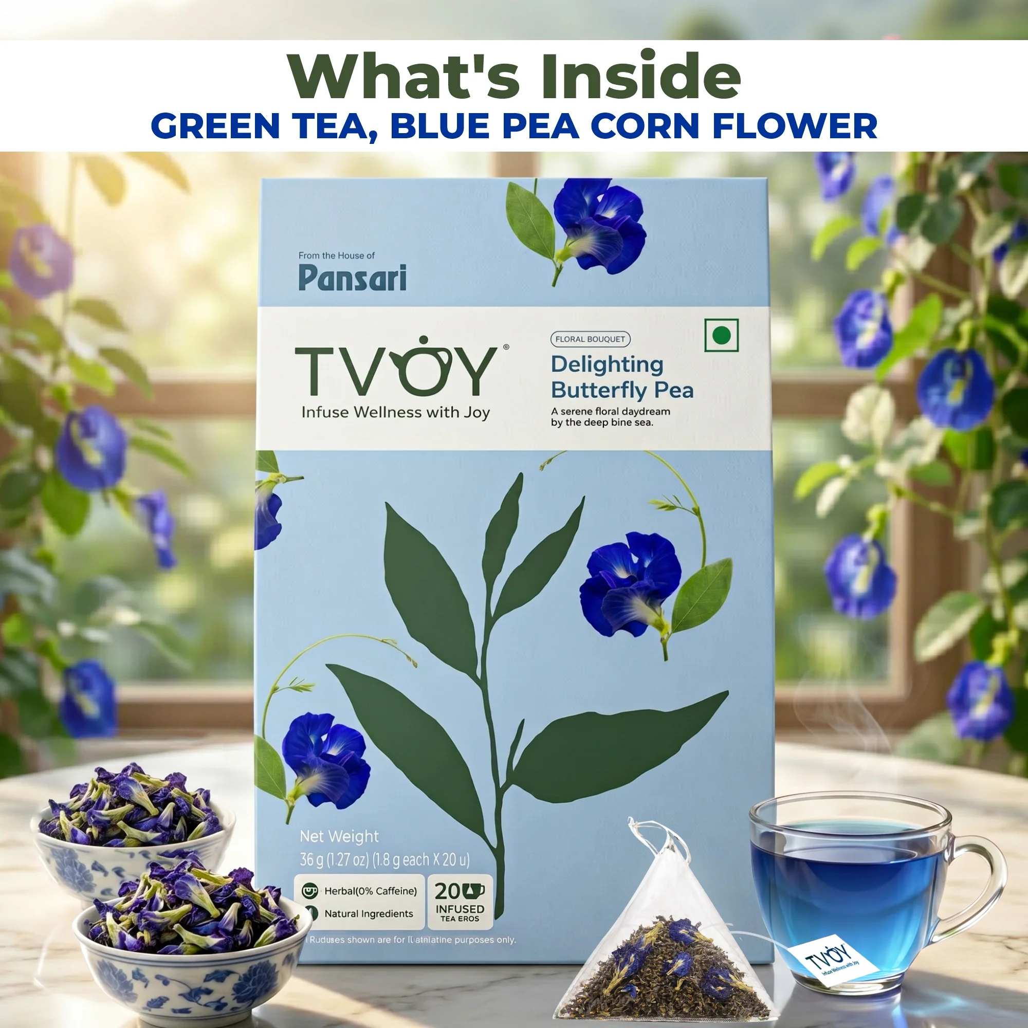 TVOY Butterfly Pea Flower Tea 20 Pyramid Tea Bags | Blue Tea 11 Tvoy Butterfly pea