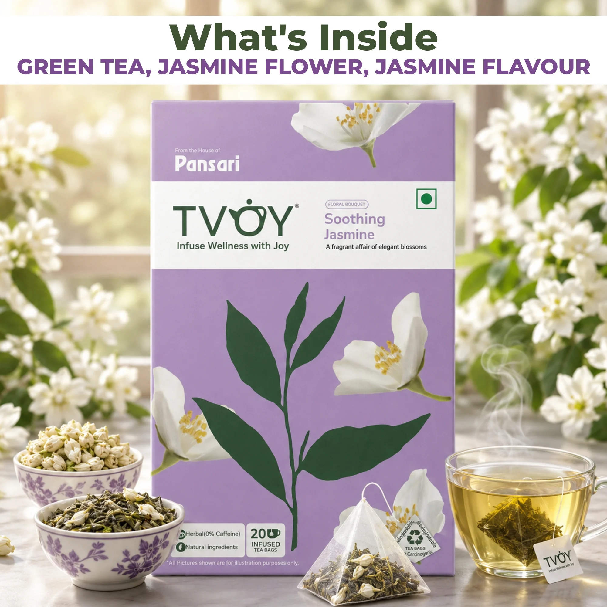 TVOY Jasmine Tea Bags 20 Pyramid Tea Bags | Jasmine Green Tea 3 Tvoy Jasmine Tea