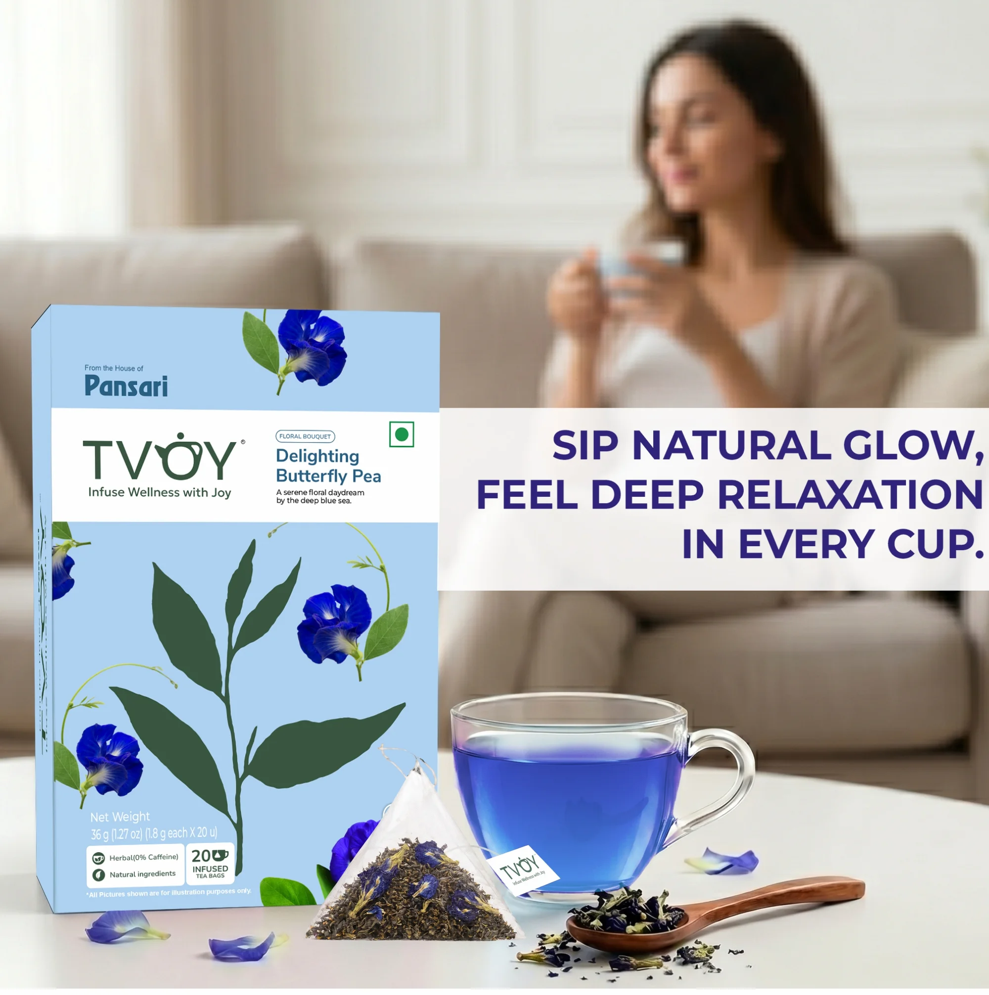TVOY Butterfly Pea Flower Tea 20 Pyramid Tea Bags | Blue Tea 4 Tvoy Butterfly pea