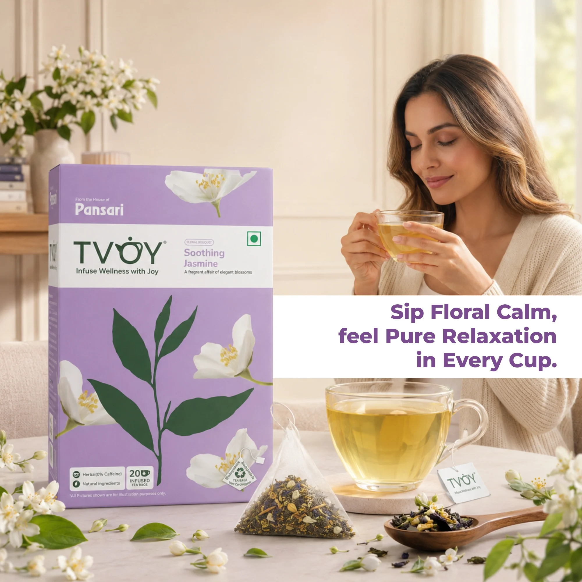 TVOY Jasmine Tea Bags 20 Pyramid Tea Bags | Jasmine Green Tea 5 Tvoy Jasmine Tea