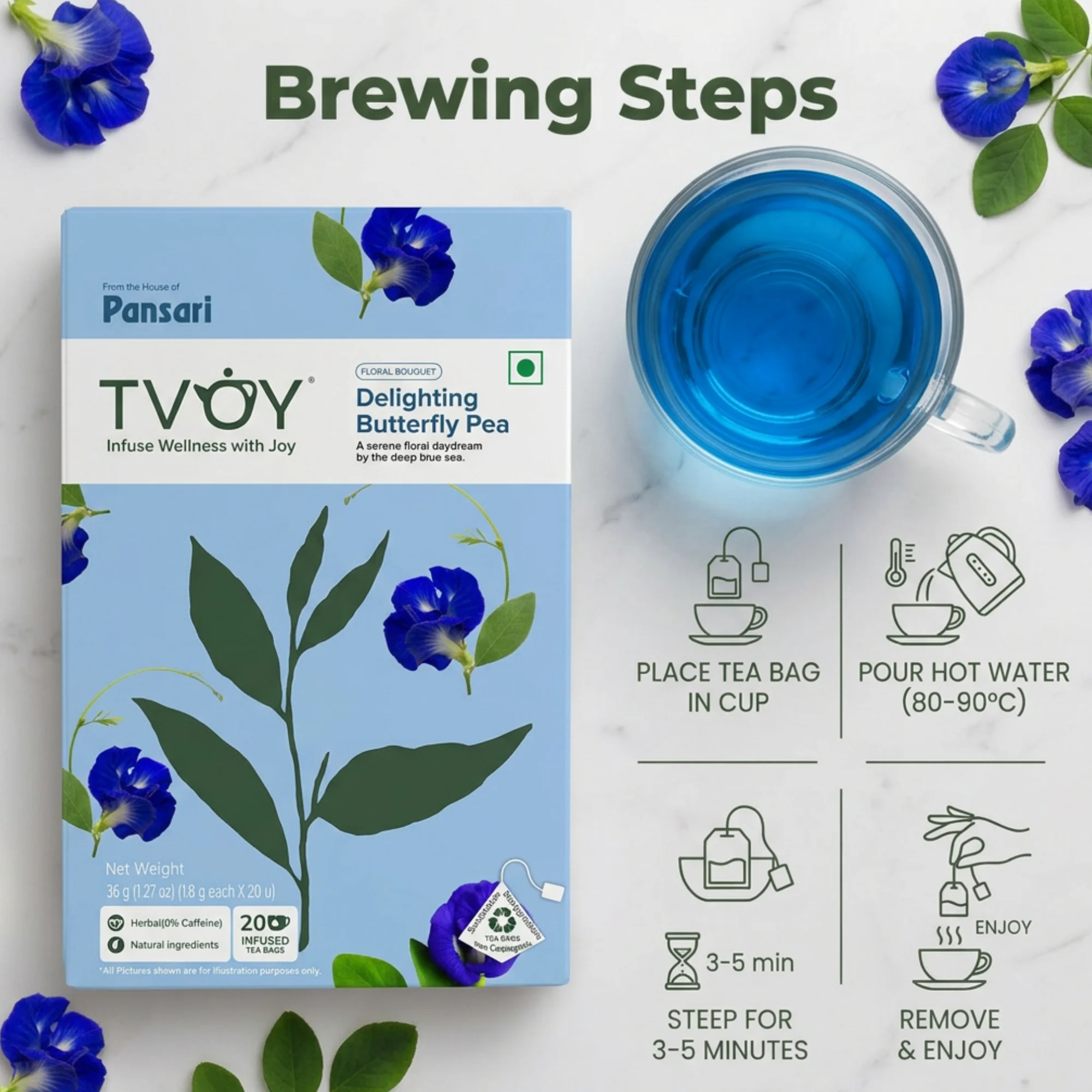 TVOY Butterfly Pea Flower Tea 20 Pyramid Tea Bags | Blue Tea 5 Tvoy Butterfly pea