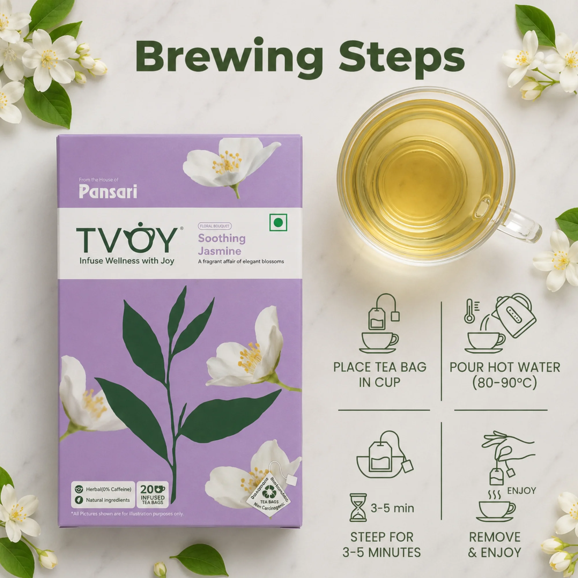 TVOY Jasmine Tea Bags 20 Pyramid Tea Bags | Jasmine Green Tea 6 Tvoy Jasmine Tea