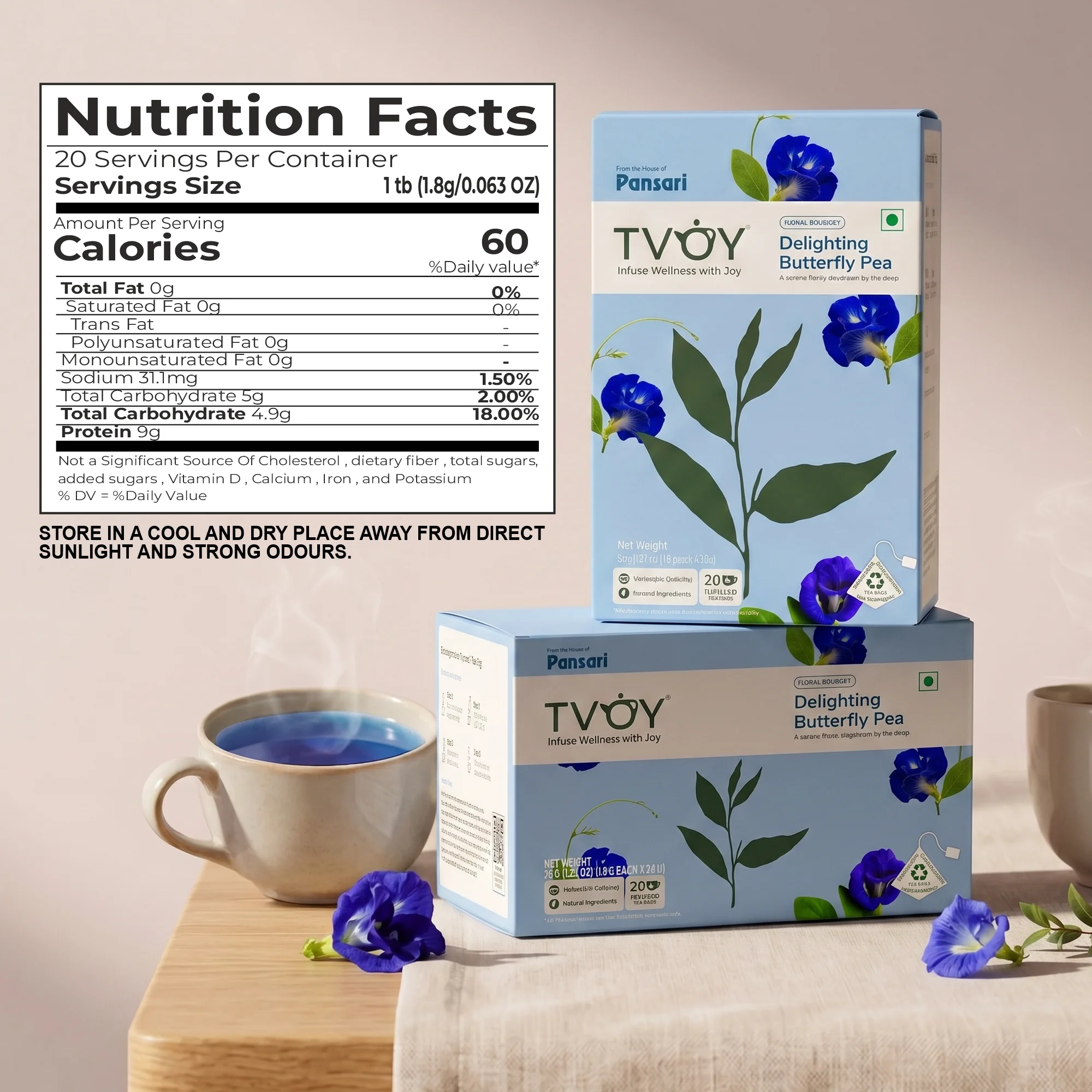 TVOY Butterfly Pea Flower Tea 20 Pyramid Tea Bags | Blue Tea 2 Tvoy Butterfly pea