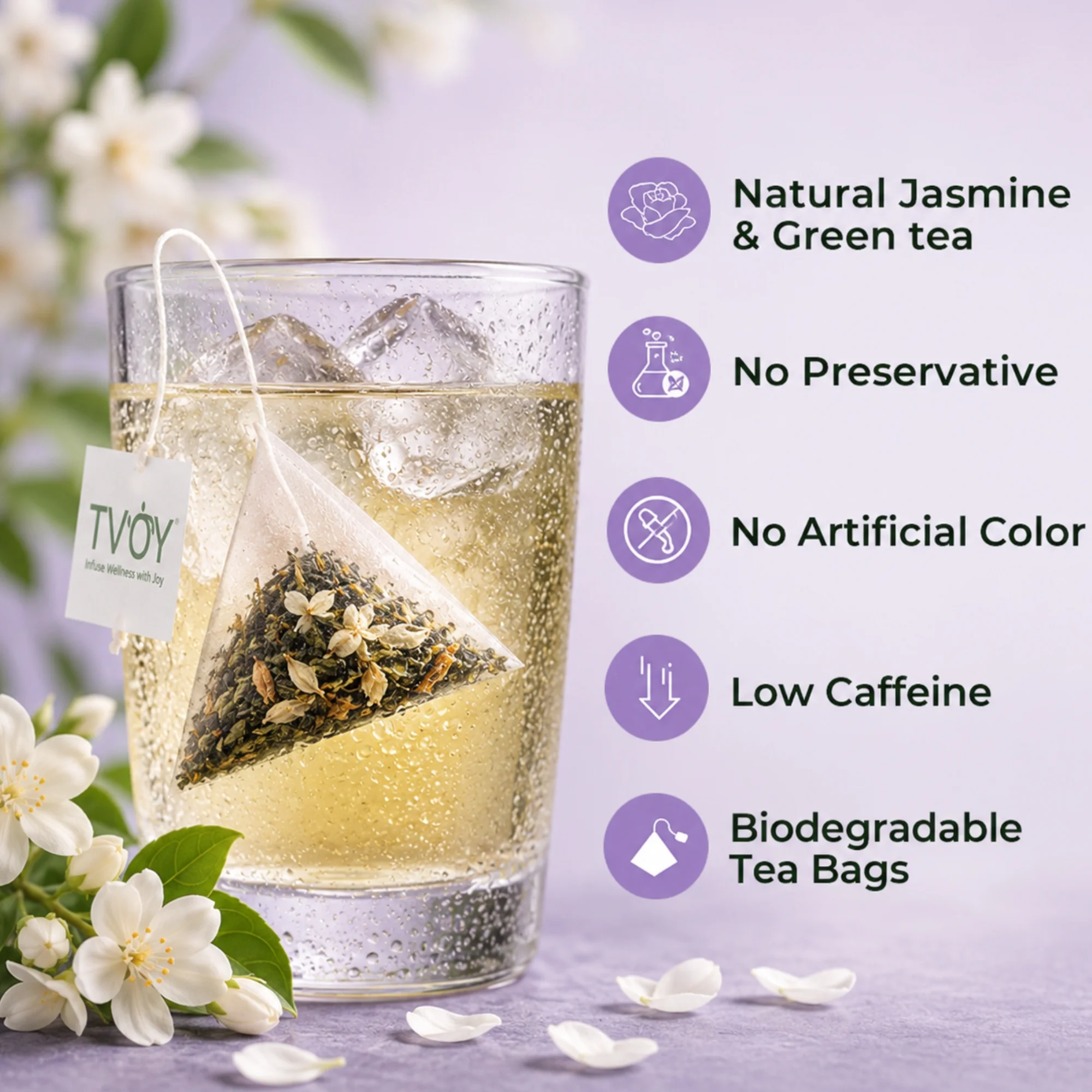 TVOY Jasmine Tea Bags 20 Pyramid Tea Bags | Jasmine Green Tea 10 Tvoy Jasmine Tea