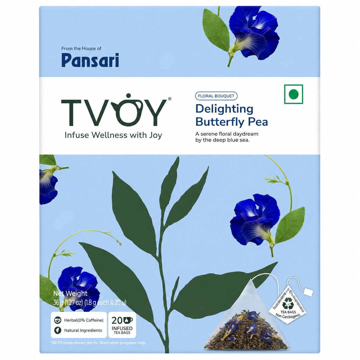 TVOY Butterfly Pea Flower Tea 20 Pyramid Tea Bags | Blue Tea 1 Tvoy butterfly pea flower tea