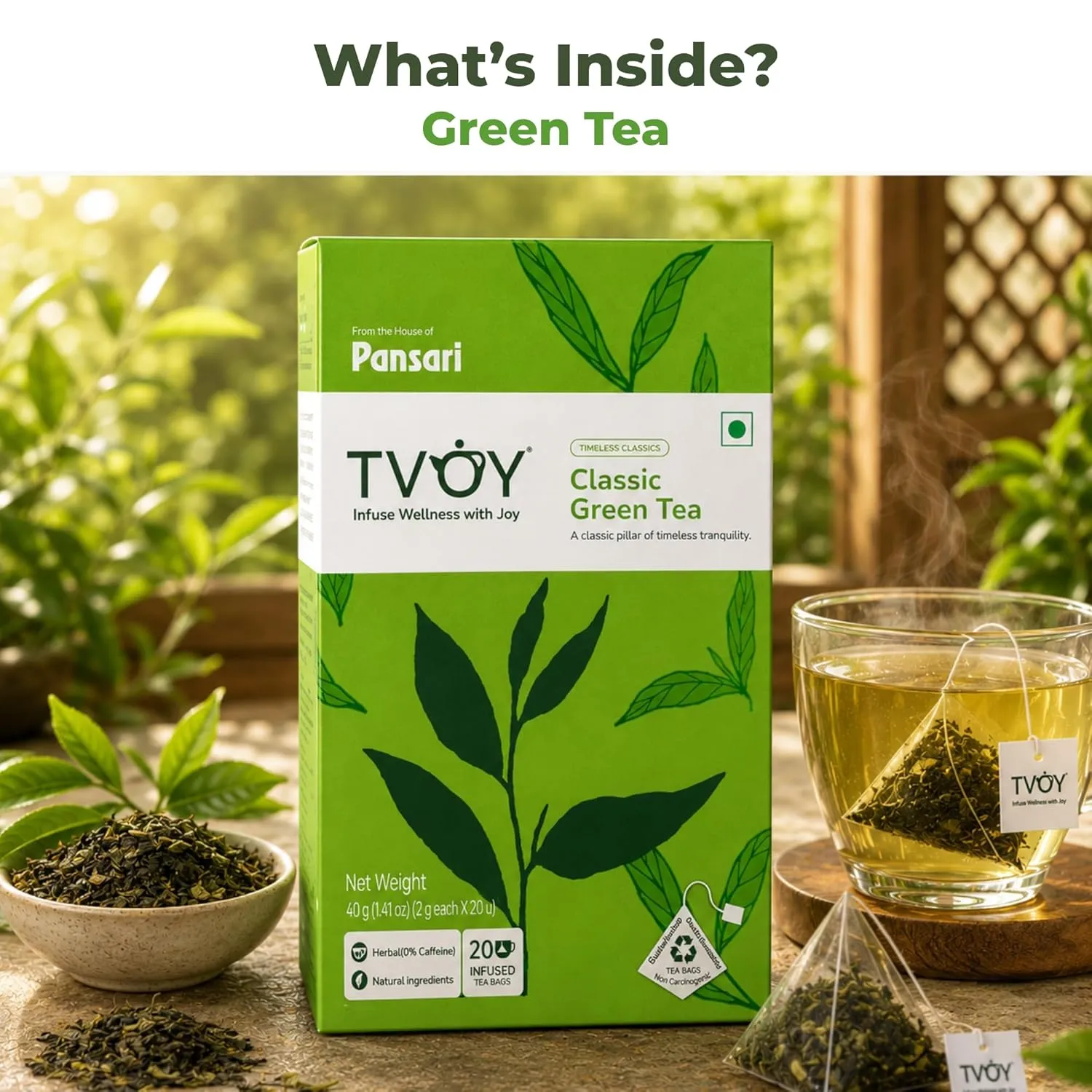 TVOY Classic Green Tea Bags 20 Pyramid Tea Bags | Pure Green Tea 3 TVOY Classic Green Tea Bags 20 Pyramid Tea Bags | Pure Green Tea - Image 3