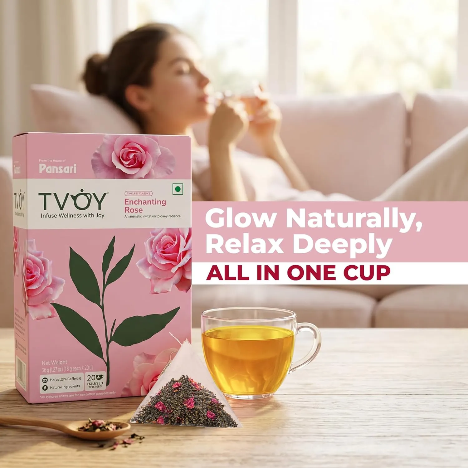 Tvoy Rose Green Tea Bags 20 Pyramid Tea Bags | Rose Tea 3 Tvoy Rose Green Tea Bags 20 Pyramid Tea Bags | Rose Tea - Image 3