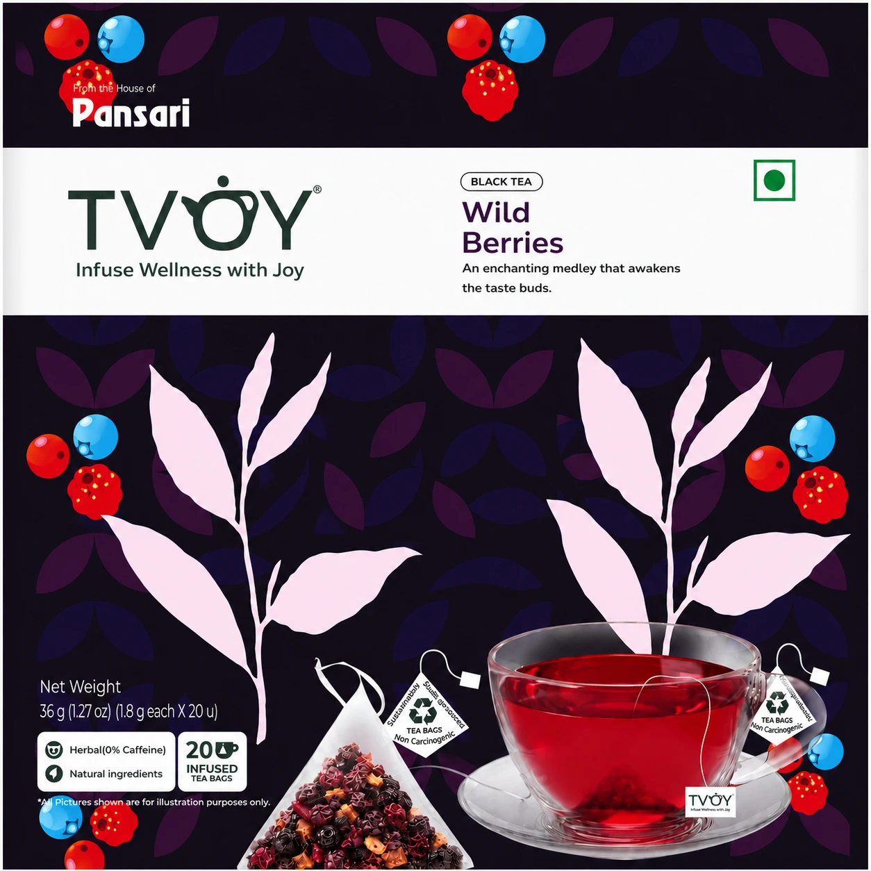 TVOY Wild Berry Tea Bags 20 Pyramid Tea Bags | Fruit Tea 1 Tvoy Wild Berry Tea